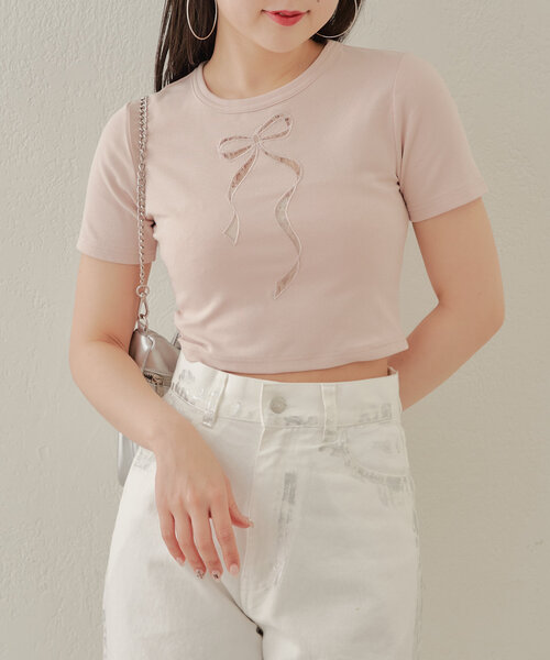 Chico（チコ）の「【2サイズ/4色展開】レース切替リボンチビT（T