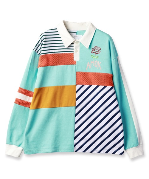 amok（アモク）の「PATCHWORK POLO SHIRT（ポロシャツ・メンズ・グレー/ブルー・S/M/L）」の2枚目の写真