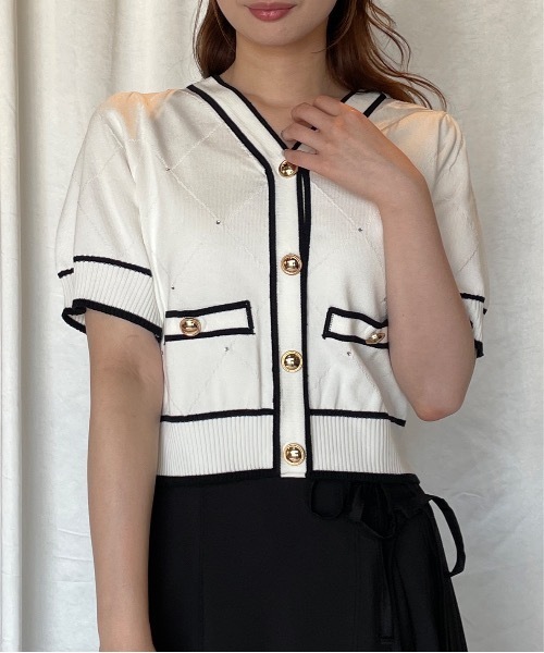 TORTE（トルテ）の「配色ラインボタン半袖ニットカーディガン（ニット/セーター・レディース・ブルー/ブラック/ピンク/ホワイト・FREE）」の2枚目の写真