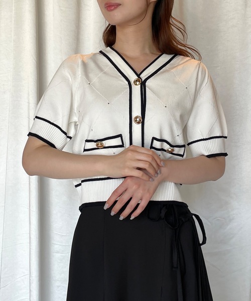 TORTE（トルテ）の「配色ラインボタン半袖ニットカーディガン（ニット/セーター・レディース・ブルー/ブラック/ピンク/ホワイト・FREE）」の9枚目の写真