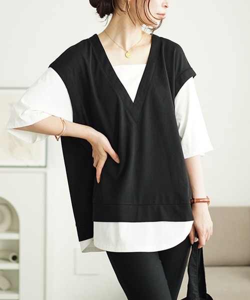 GOLDJAPAN(ゴールドジャパン)の「ワッフルベストフェイクレイヤードプルオーバー(Tシャツ/カットソー・レディース・ブラック・LL/3L/4L/5L)」の1枚目の写真