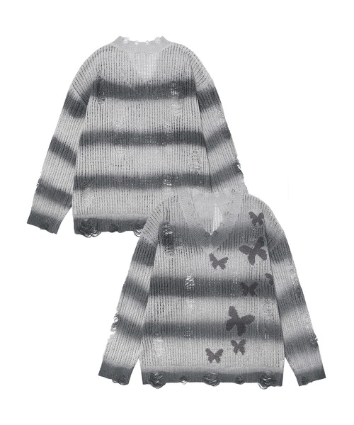 【HOOK】for　girls　ぼかしボーダー柄透かし編みニット　ダメージ加工 フック HOOK 【HOOK】for girls ダメージぼかしボーダー透かし