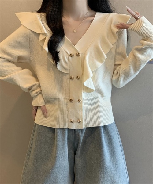 セール】飾りゴールド釦付き フリルVネックニットトップス（ニット  