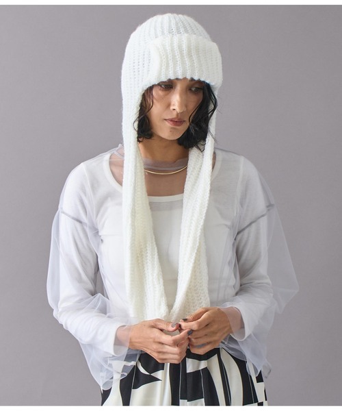 Settimissimo（セッティミッシモ）の「モヘヤロングイヤーマフラーニットキャップ（ニットキャップ/ビーニー・レディース・アイボリー/ブラック/グレー・FREE）」の5枚目の写真