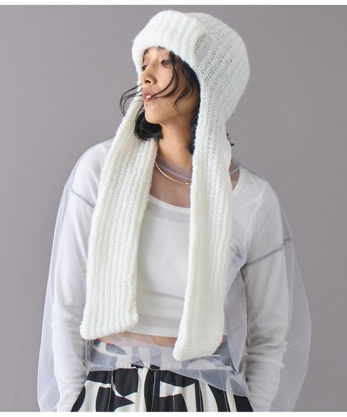 Settimissimo（セッティミッシモ）の「モヘヤロングイヤーマフラーニットキャップ（ニットキャップ/ビーニー・レディース・アイボリー/ブラック/グレー・FREE）」の6枚目の写真
