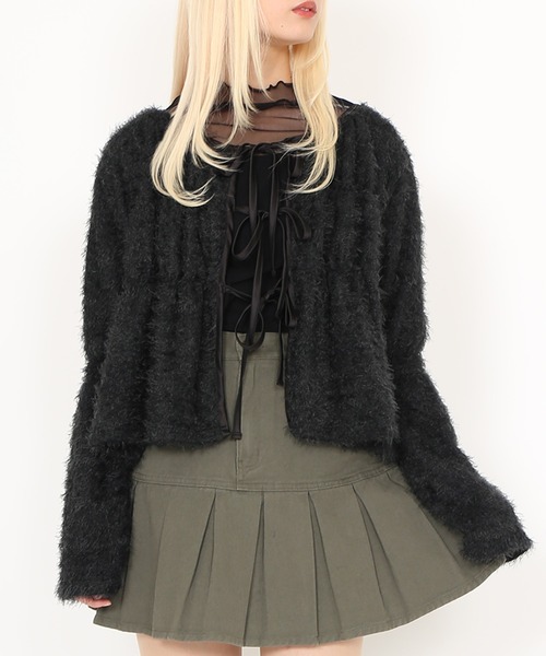 PUNYUS（プニュズ）の「フロントリボンカーディガン（カーディガン/ボレロ・レディース・ブラック/ブラウン/ライトグレー・1/2/3/4）」の2枚目の写真