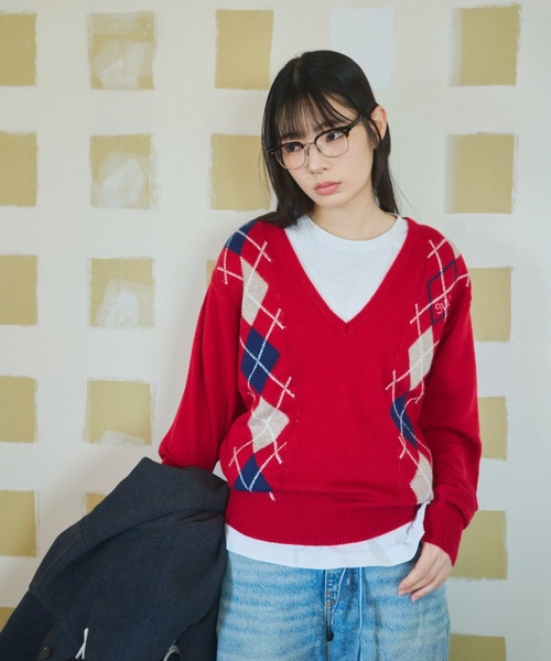 common gull products.(コモンガルプロダクツ)の「お隣さんのアーガイルニット(ニット/セーター・レディース・ネイビー/グレー系/レッド系・MEDIUM/LARGE)」の1枚目の写真