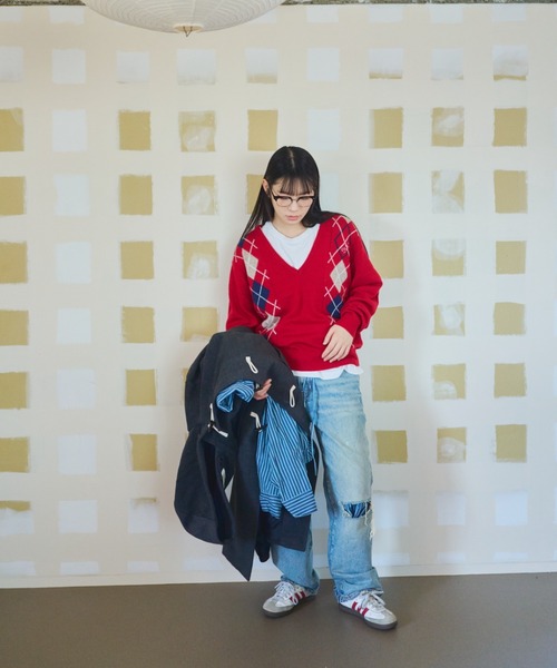 common gull products.(コモンガルプロダクツ)の「お隣さんのアーガイルニット(ニット/セーター・レディース・ネイビー/グレー系/レッド系・MEDIUM/LARGE)」の6枚目の写真