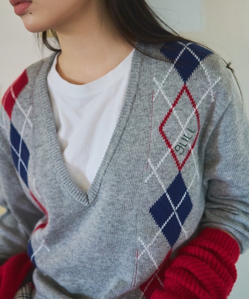 common gull products.(コモンガルプロダクツ)の「お隣さんのアーガイルニット(ニット/セーター・レディース・ネイビー/グレー系/レッド系・MEDIUM/LARGE)」の17枚目の写真