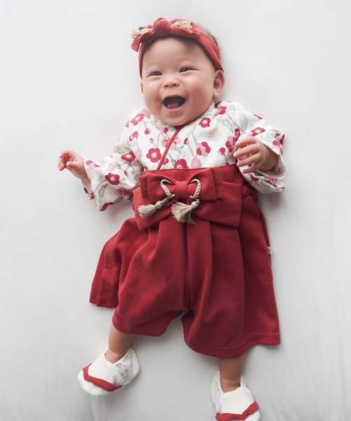 mocmof(モクモフ)の「mocmof 袴ロンパース (うめ柄) レッド 80(ロンパース・キッズ・レッド・80cm)」の3枚目の写真