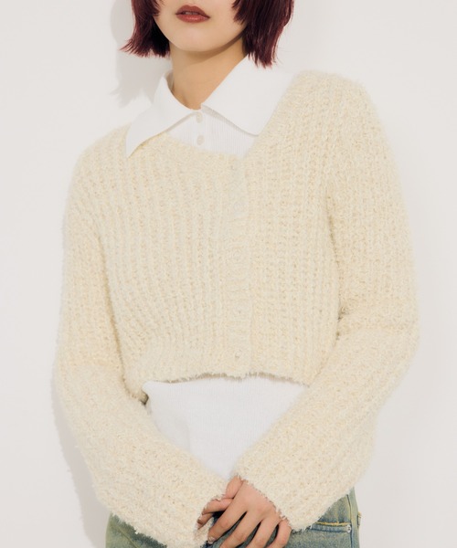 SLY（スライ）の「TAPE YARN SLANT NECK CD　テープヤーン スラント ネック カーデ 秋服 春服（カーディガン/ボレロ・レディース・アイボリー/ブラック/オレンジ/ネイビー・FREE）」の12枚目の写真