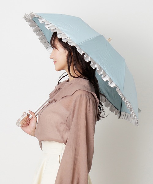 LANVIN en Bleu ランバン 晴雨兼用折り畳日傘 フリル オフホワイト セール】遮光 晴雨兼用 折りたたみ日傘 'シャイニーフリル