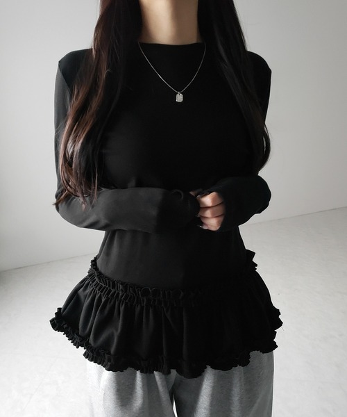 me+em select(ミームセレクト)の「【 3color 】裾フリルレイヤード長袖トップス / hem frill layered long sleeve tops(Tシャツ/カットソー・レディース・グレー/ブラック/ホワイト・FREE)」の11枚目の写真