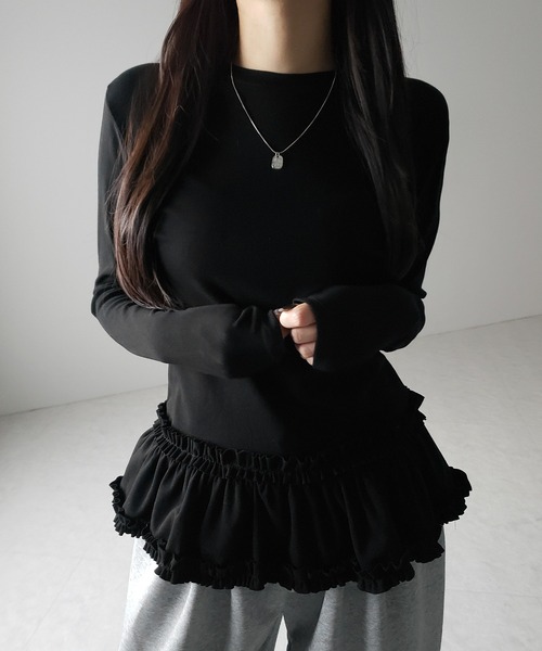 me+em select(ミームセレクト)の「【 3color 】裾フリルレイヤード長袖トップス / hem frill layered long sleeve tops(Tシャツ/カットソー・レディース・グレー/ブラック/ホワイト・FREE)」の9枚目の写真