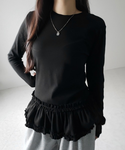 KILIG フリル付き長袖トップス チャコール KOBE LETTUCE トップス レディース Tシャツ 裾切替 フリル 裾