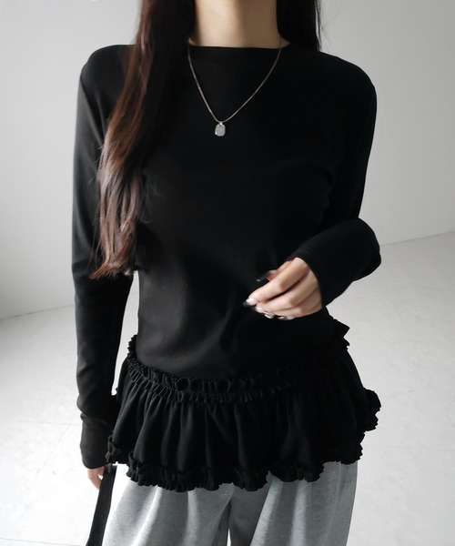me+em select(ミームセレクト)の「【 3color 】裾フリルレイヤード長袖トップス / hem frill layered long sleeve tops(Tシャツ/カットソー・レディース・グレー/ブラック/ホワイト・FREE)」の12枚目の写真