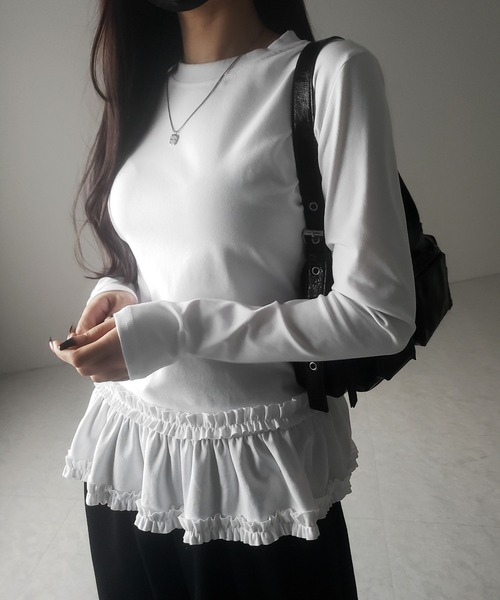 セール】※※【 3color 】裾フリルレイヤード長袖トップス ／ hem frill