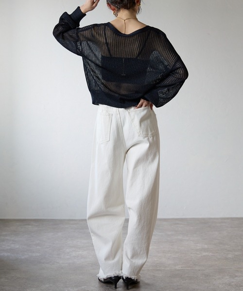 each（イーチ）の「ラメシアーワイドリブVネックカーディガン（カーディガン/ボレロ・レディース・グリーン/ネイビー/ベージュ・FREE）」の7枚目の写真