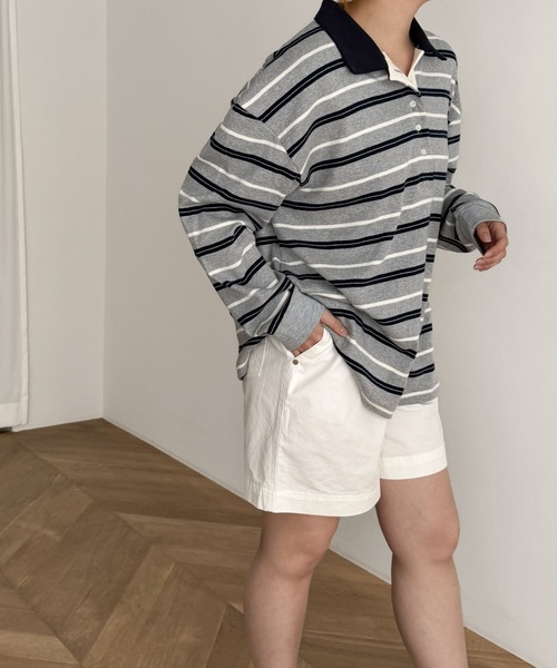 CANAL JEAN（キャナルジーン）の「ARE ING　ボーダーポロシャツ（ポロシャツ・レディース・アイボリー/グレー・ONE SIZE）」の7枚目の写真