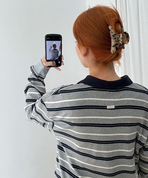 CANAL JEAN（キャナルジーン）の「ARE ING　ボーダーポロシャツ（ポロシャツ・レディース・アイボリー/グレー・ONE SIZE）」の9枚目の写真