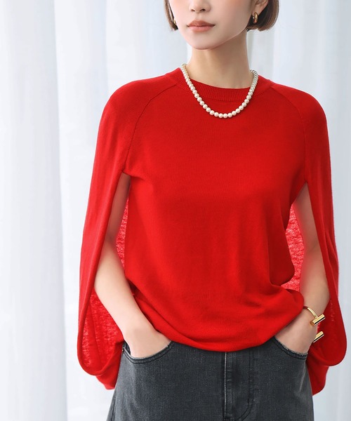 ELFRANK（エルフランク）の「ケープスリットスリーブニットプルオーバー（ニット/セーター・レディース・ブラック/グリーン/オフホワイト/ベージュ/レッド/ピンク・FREE）」の13枚目の写真