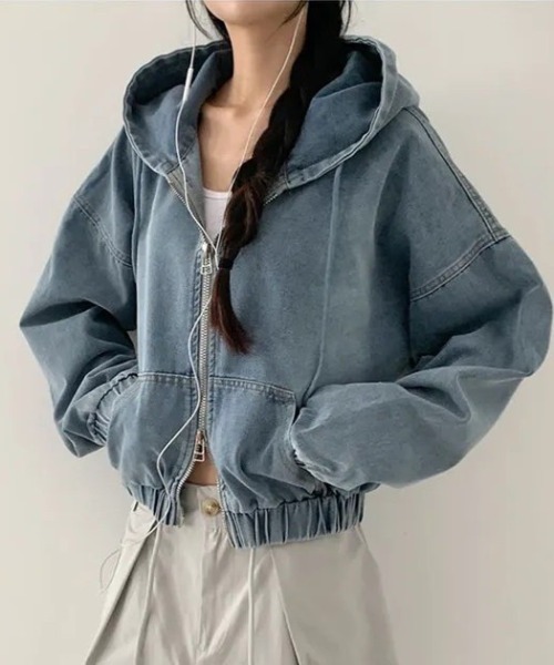 almo(アルモ)の「【LAMPOON】ブリーチデニムジップパーカー(パーカー・レディース・ブルー/ブラック・FREE)」の2枚目の写真