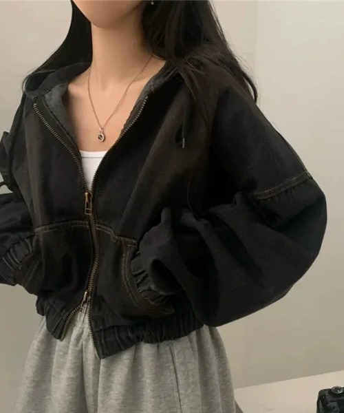 almo(アルモ)の「【LAMPOON】ブリーチデニムジップパーカー(パーカー・レディース・ブルー/ブラック・FREE)」の1枚目の写真