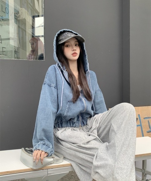 almo(アルモ)の「【LAMPOON】ブリーチデニムジップパーカー(パーカー・レディース・ブルー/ブラック・FREE)」の16枚目の写真