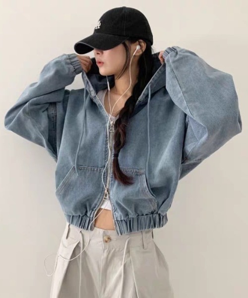 almo(アルモ)の「【LAMPOON】ブリーチデニムジップパーカー(パーカー・レディース・ブルー/ブラック・FREE)」の6枚目の写真