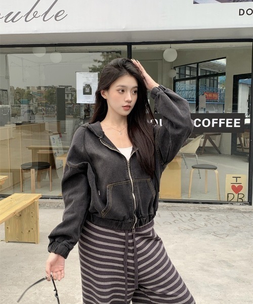 almo(アルモ)の「【LAMPOON】ブリーチデニムジップパーカー(パーカー・レディース・ブルー/ブラック・FREE)」の7枚目の写真