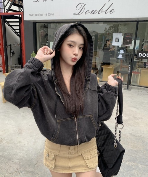 almo(アルモ)の「【LAMPOON】ブリーチデニムジップパーカー(パーカー・レディース・ブルー/ブラック・FREE)」の9枚目の写真