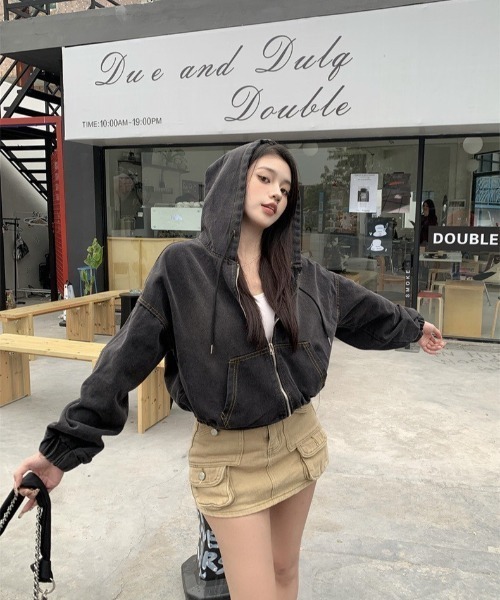 almo(アルモ)の「【LAMPOON】ブリーチデニムジップパーカー(パーカー・レディース・ブルー/ブラック・FREE)」の10枚目の写真