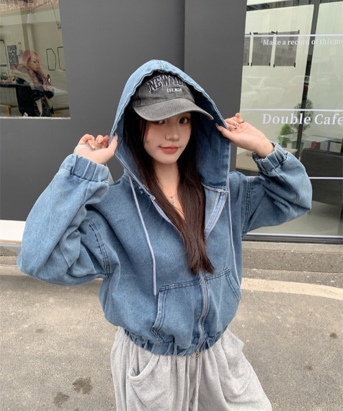 almo(アルモ)の「【LAMPOON】ブリーチデニムジップパーカー(パーカー・レディース・ブルー/ブラック・FREE)」の17枚目の写真