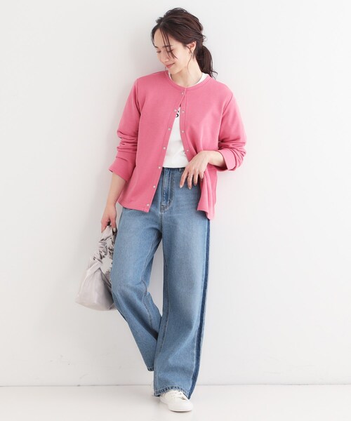 SHOO・LA・RUE（シューラルー）の「【洗える/S-LL】大人カジュアルコーデに ミニ裏毛スナップカーディガン（カーディガン/ボレロ・レディース・ライトグレー/ホワイト/ピンク系/チャコールグレー・01/04/03/02）」の7枚目の写真