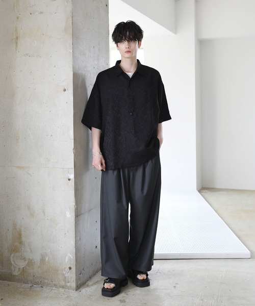 シャツ 半袖 Tシャツ メンズ ホワイト ブラック 総柄 こなれ感 シャツ 総柄ジャガードワイドドレープ半袖シャツ メンズ