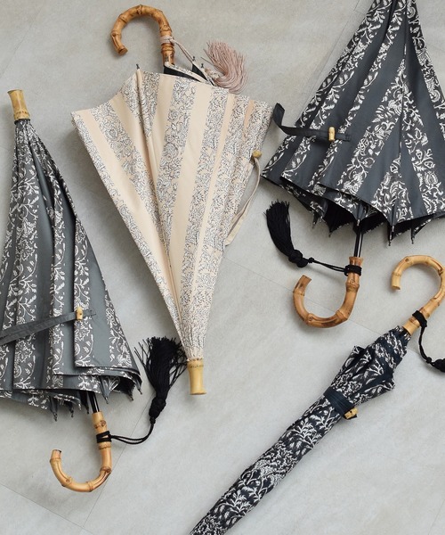 utatane（ウタタネ）の「日傘 完全遮光100％ 晴雨兼用 インド更紗ストライプ（長傘・レディース・クリーム/アーミー/ダークグレー/ダークインディゴブルー・FREE）」の5枚目の写真