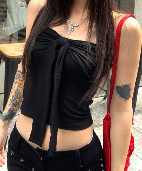 SPIGA（スピーガ）の「前ﾘﾎﾞﾝﾁｭｰﾌﾞﾄｯﾌﾟｽ（Tシャツ/カットソー・レディース・レッド/ブラック/グレー・SMALL/MEDIUM/LARGE/X-LARGE）」の4枚目の写真