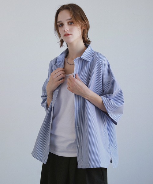 ROCHEM（ローシェン）の「ルーズシルエット短丈ストライプシャツ（シャツ/ブラウス・メンズ・グレー/ブルー/グリーン・XS/S/M/L）」の3枚目の写真