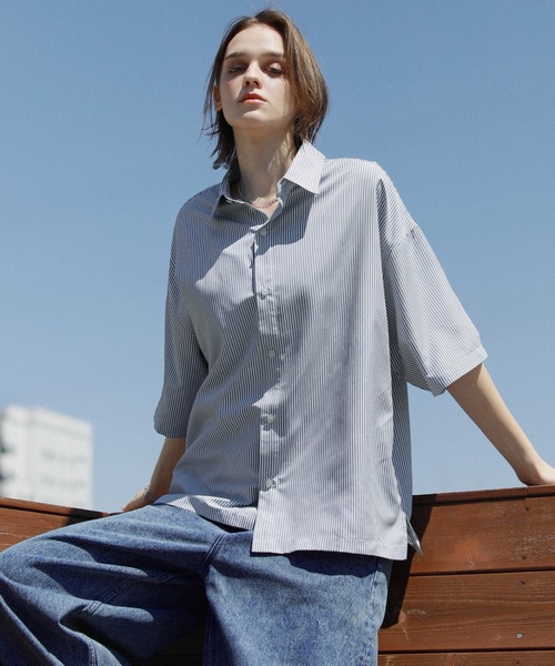 ROCHEM（ローシェン）の「ルーズシルエット短丈ストライプシャツ（シャツ/ブラウス・メンズ・グレー/ブルー/グリーン・XS/S/M/L）」の18枚目の写真