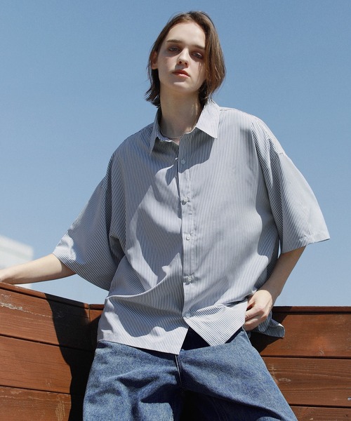 ROCHEM（ローシェン）の「ルーズシルエット短丈ストライプシャツ（シャツ/ブラウス・メンズ・グレー/ブルー/グリーン・XS/S/M/L）」の19枚目の写真