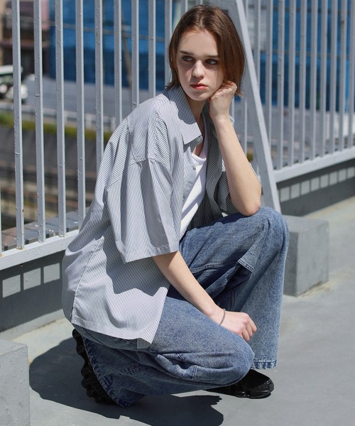 ROCHEM（ローシェン）の「ルーズシルエット短丈ストライプシャツ（シャツ/ブラウス・メンズ・グレー/ブルー/グリーン・XS/S/M/L）」の22枚目の写真