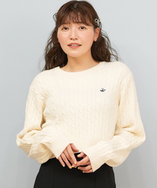 ムラサキスポーツ(ムラサキスポーツ)の「BEVERY HILLS P.C/ビバリーヒルズポロクラブ ケーブル編み ニットセーター クロップド丈 5487-6752(ニット/セーター・レディース・アイボリー/ネイビー/レッド・M)」の4枚目の写真