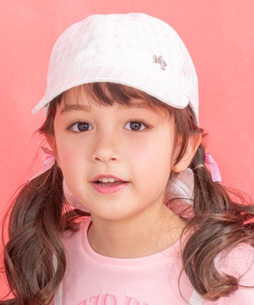 メゾピアノ ギンガムフリルチェックキャップ　54 56 メゾピアノ ギンガムチェリーフリル キャップ クマ耳ギンガムチェック