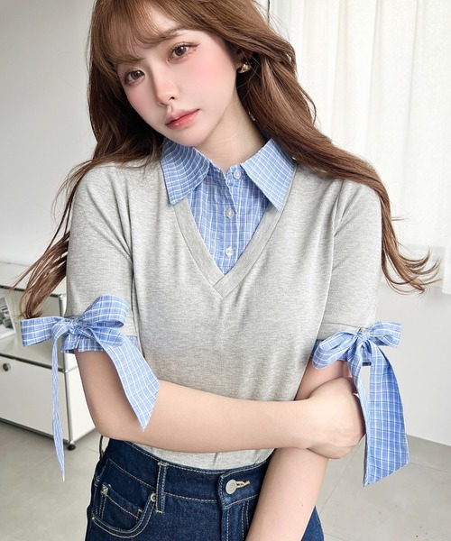 セール】半袖リボンスリーブシャツレイヤードトップス（Tシャツ