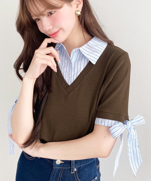 moment+(モーメントプラス)の「半袖リボンスリーブシャツレイヤードトップス(Tシャツ/カットソー・レディース・ブラウン/ネイビー/アイボリー/ブラック/杢グレー・M)」の5枚目の写真