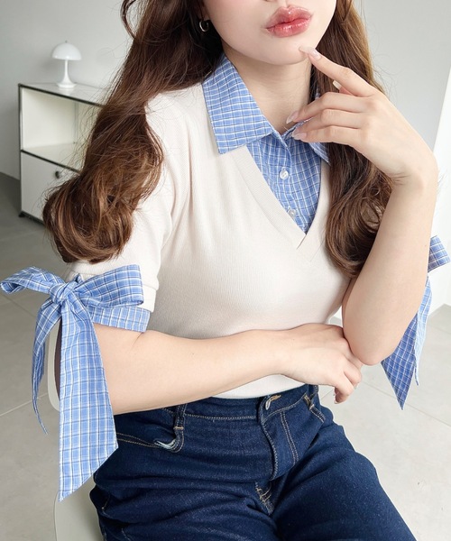 moment+(モーメントプラス)の「半袖リボンスリーブシャツレイヤードトップス(Tシャツ/カットソー・レディース・ブラウン/ネイビー/アイボリー/ブラック/杢グレー・M)」の2枚目の写真