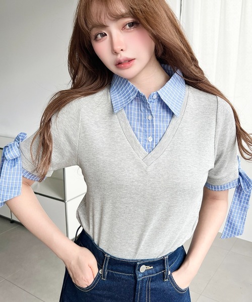 moment+(モーメントプラス)の「半袖リボンスリーブシャツレイヤードトップス(Tシャツ/カットソー・レディース・ブラウン/ネイビー/アイボリー/ブラック/杢グレー・M)」の13枚目の写真