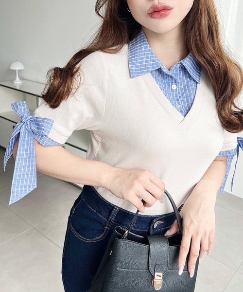 moment+(モーメントプラス)の「半袖リボンスリーブシャツレイヤードトップス(Tシャツ/カットソー・レディース・ブラウン/ネイビー/アイボリー/ブラック/杢グレー・M)」の6枚目の写真