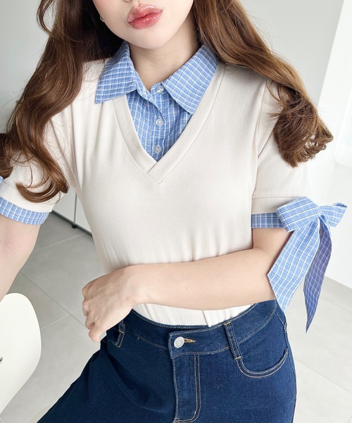 moment+(モーメントプラス)の「半袖リボンスリーブシャツレイヤードトップス(Tシャツ/カットソー・レディース・ブラウン/ネイビー/アイボリー/ブラック/杢グレー・M)」の8枚目の写真