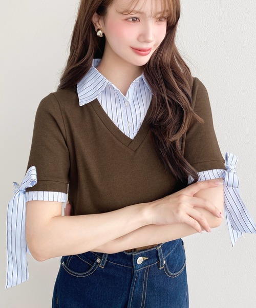moment+(モーメントプラス)の「半袖リボンスリーブシャツレイヤードトップス(Tシャツ/カットソー・レディース・ブラウン/ネイビー/アイボリー/ブラック/杢グレー・M)」の15枚目の写真
